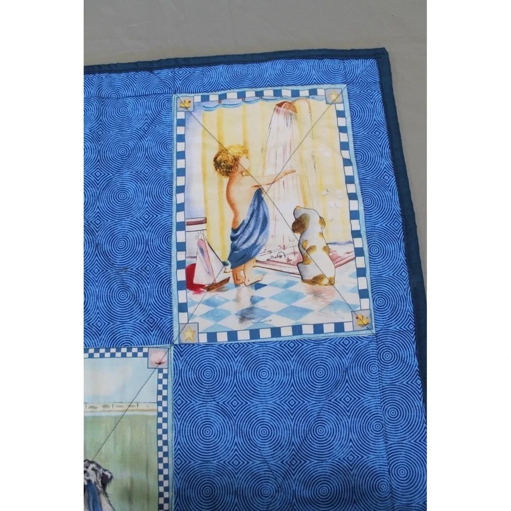 Handmade Baby Crib Quilt Blanket Blue Nursery + Plush Puppy Dog Toy Lot